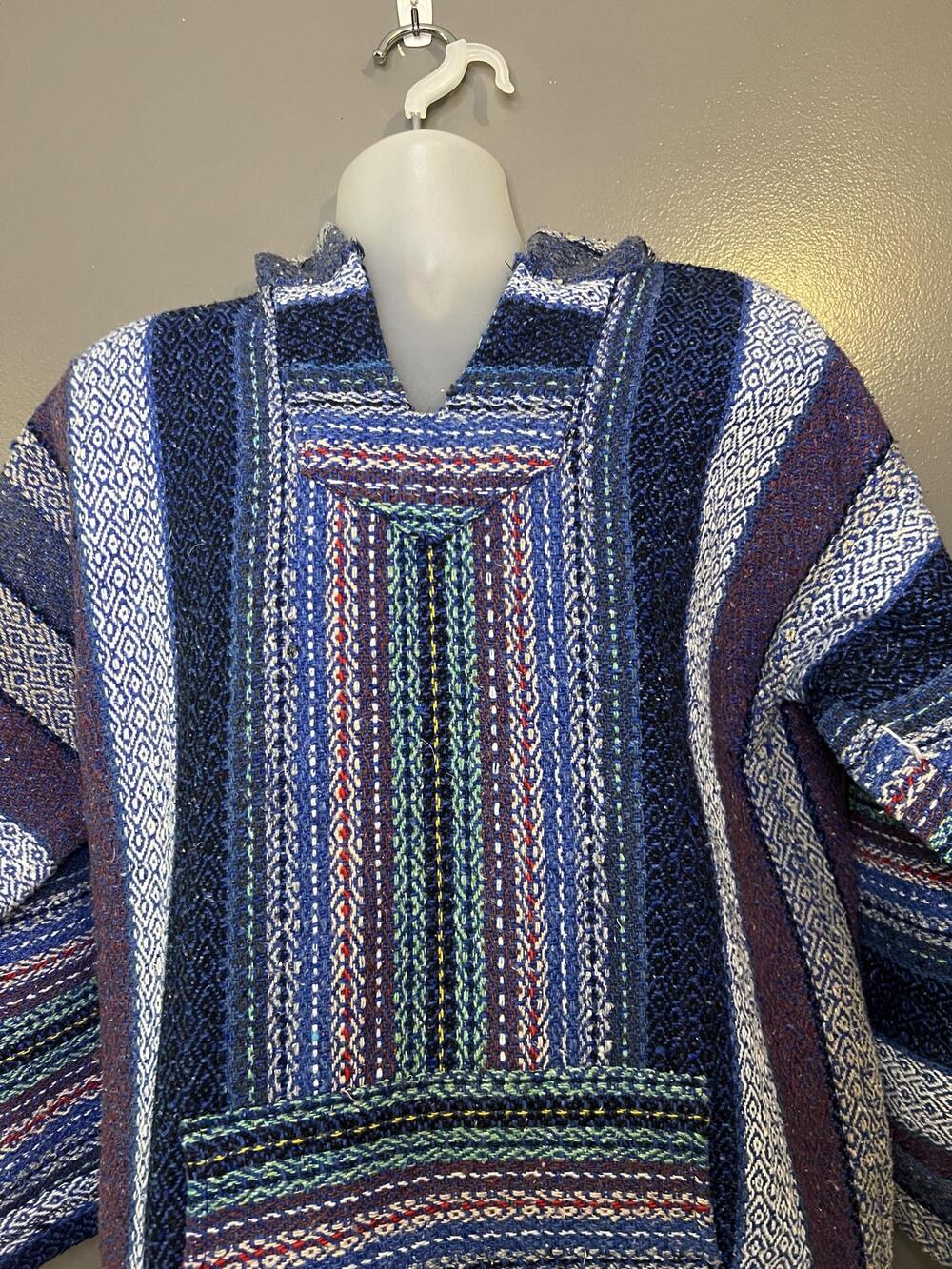 Señor Lopez Hoodie Mens Large Blue Striped Baja Knit Pullover Kangaroo Pocket